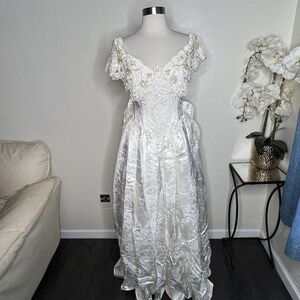 Vintage 1980's Satin Fairytale Off Shoulder Wedding Gown By Jessica McClintock 6